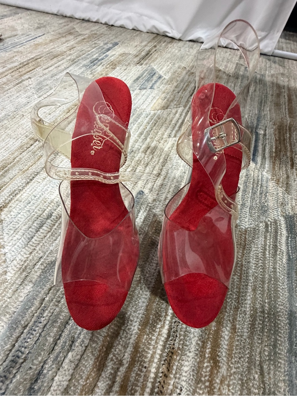 Pleaser Clear-Strap Heels with Red Insole